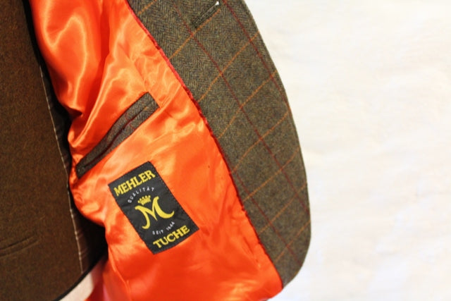 Tweed Hacking Jacket Herren in braun mit Karo in braun und rot für Reitsport und Jagd Detail innen